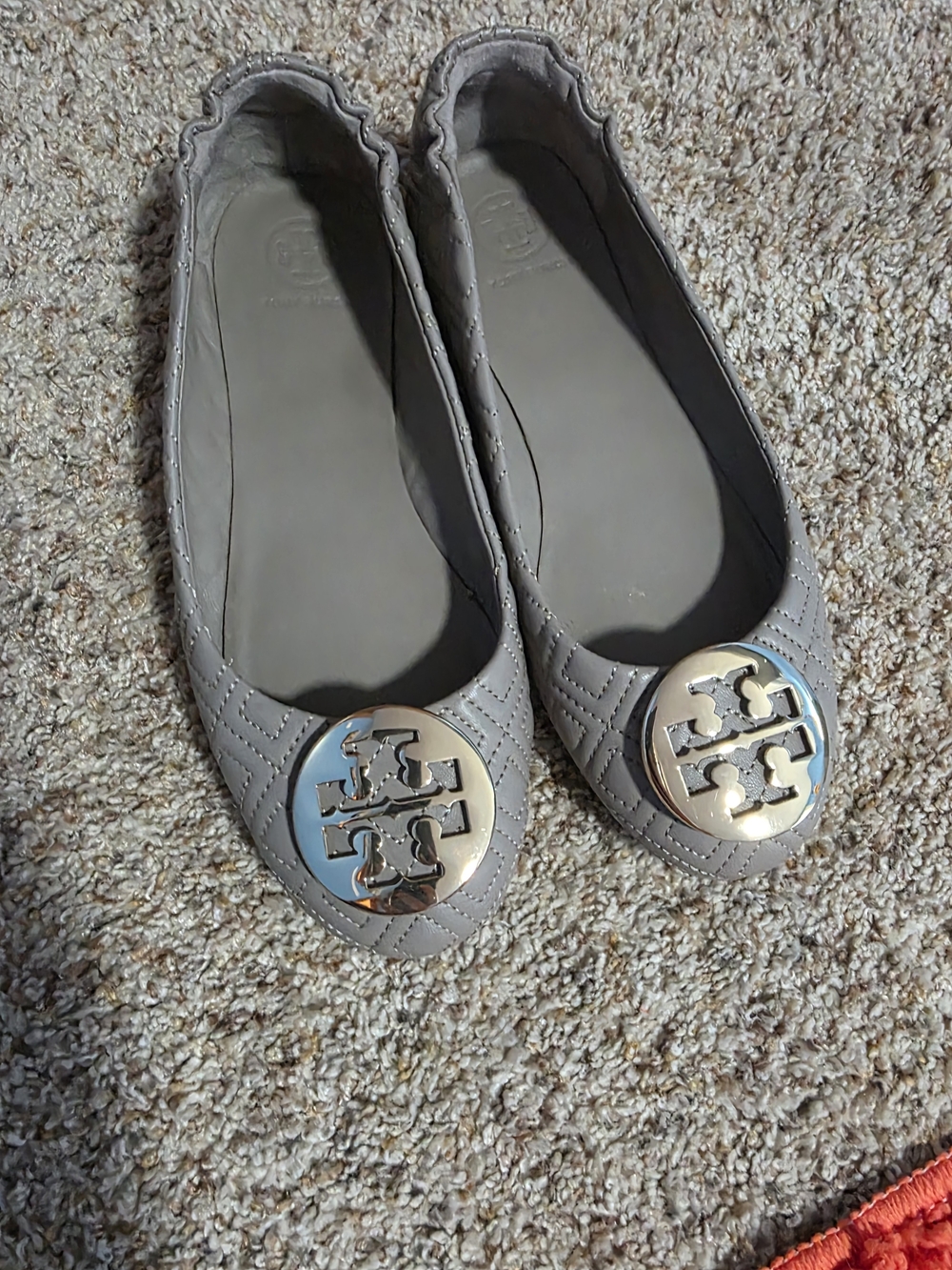 Tory Burch Light Gray Quilted Leather Logo Ballet Flats with Gold Emblems